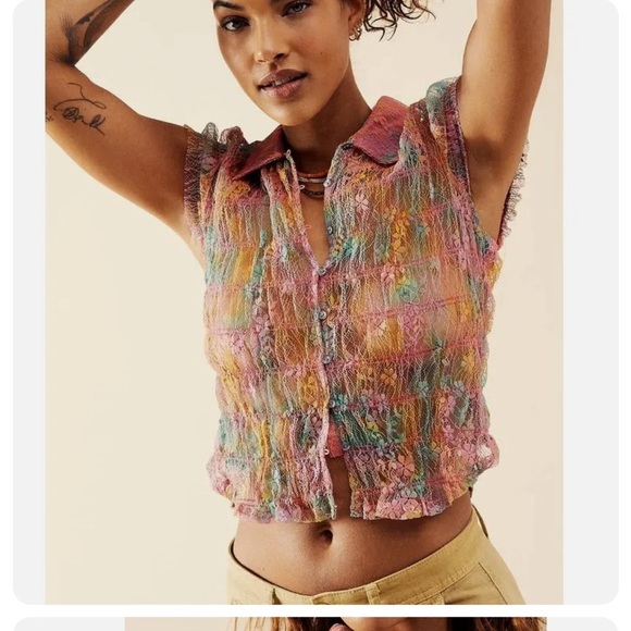 ✨Free People✨Julie Printed Lace Stretch Top Tropical Sunset Size XL. NWT🦋 - Picture 4 of 7